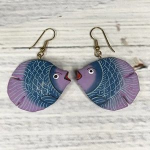 Vintage Hand Painted Artisan Wood Fish Dangle Drop Earrings Ocean Aquatic